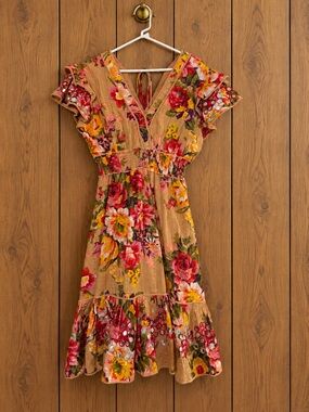 Talisman Australia Costa Valencia Floral Metallic Mini Dress S Boho Festival